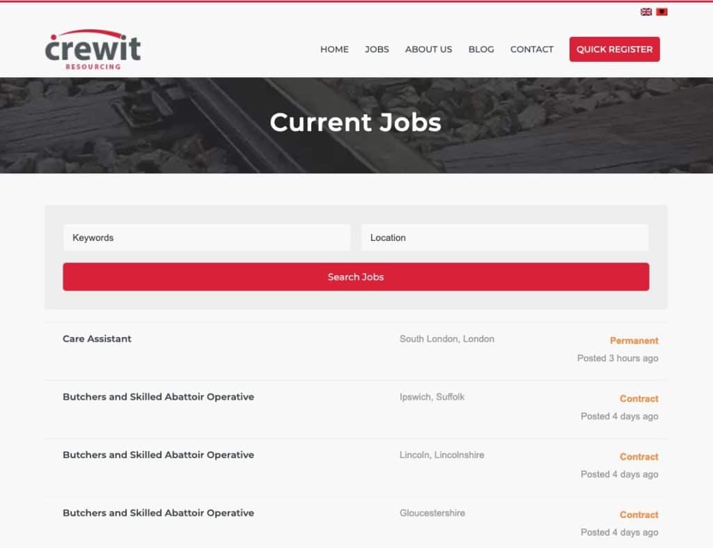 Screenshot of the job listings page on the Crewit Resourcing website.