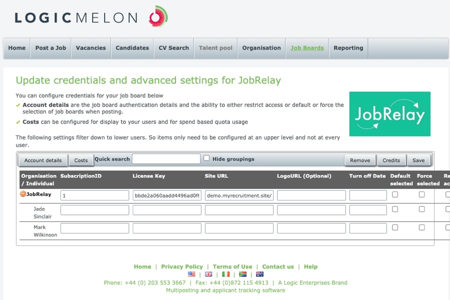 JobRelay settings screen within LogicMelon