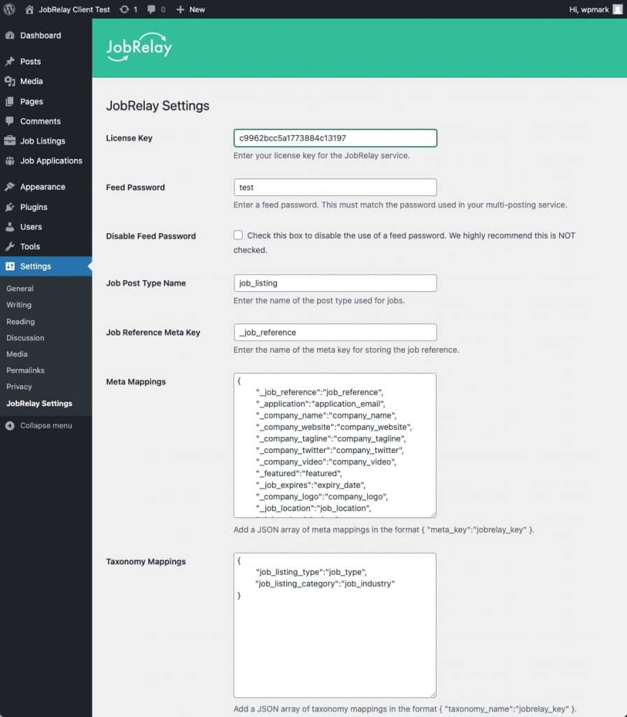 A screenshot of the JobRelay settings page in the WordPress admin area.