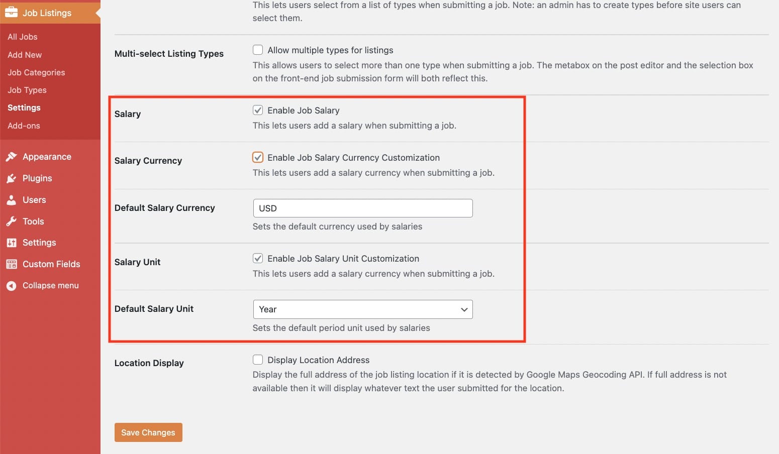 An image of the WP Job Manager settings screen with the new salary settings outlined in a red rectangle.