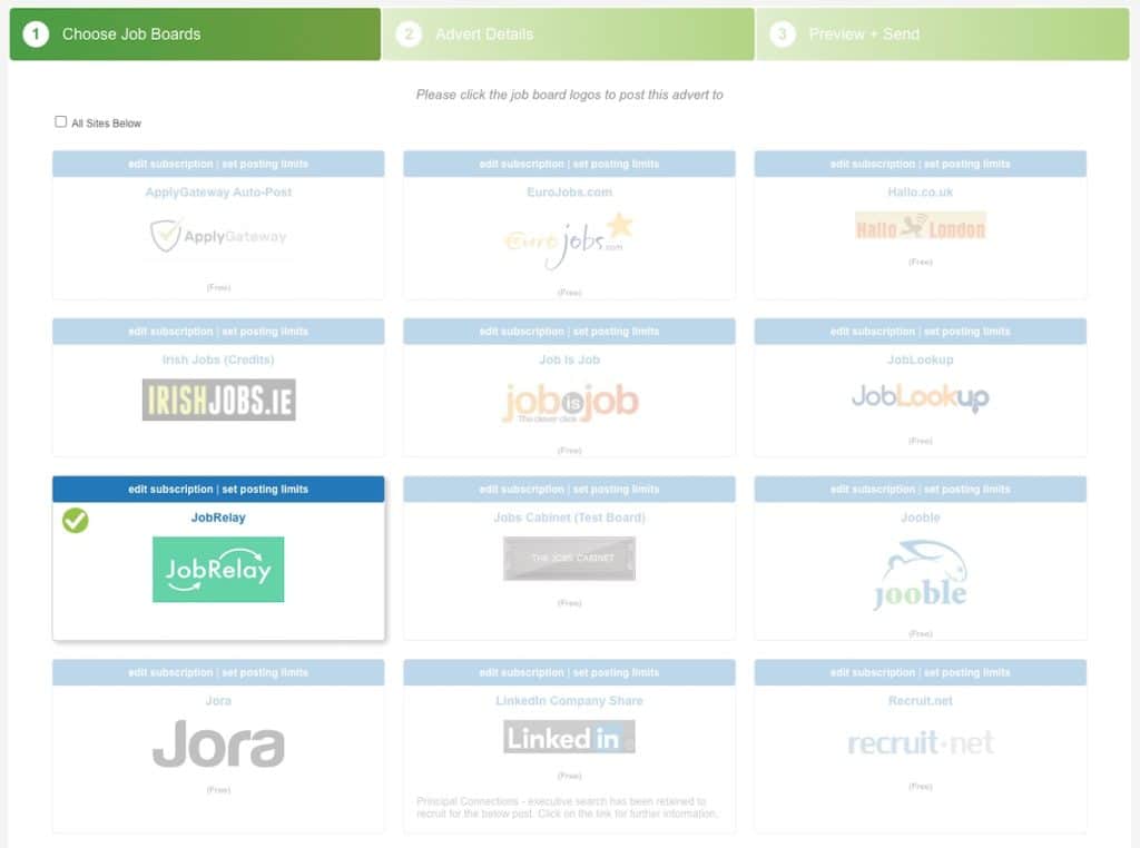 The choose job boards screen in Broadbean Adcourier software showing the JobRelay job board highlighted to be posted to.