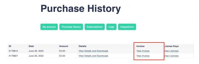 Screenshot of the JobRelay purchase history page for logged in customers.