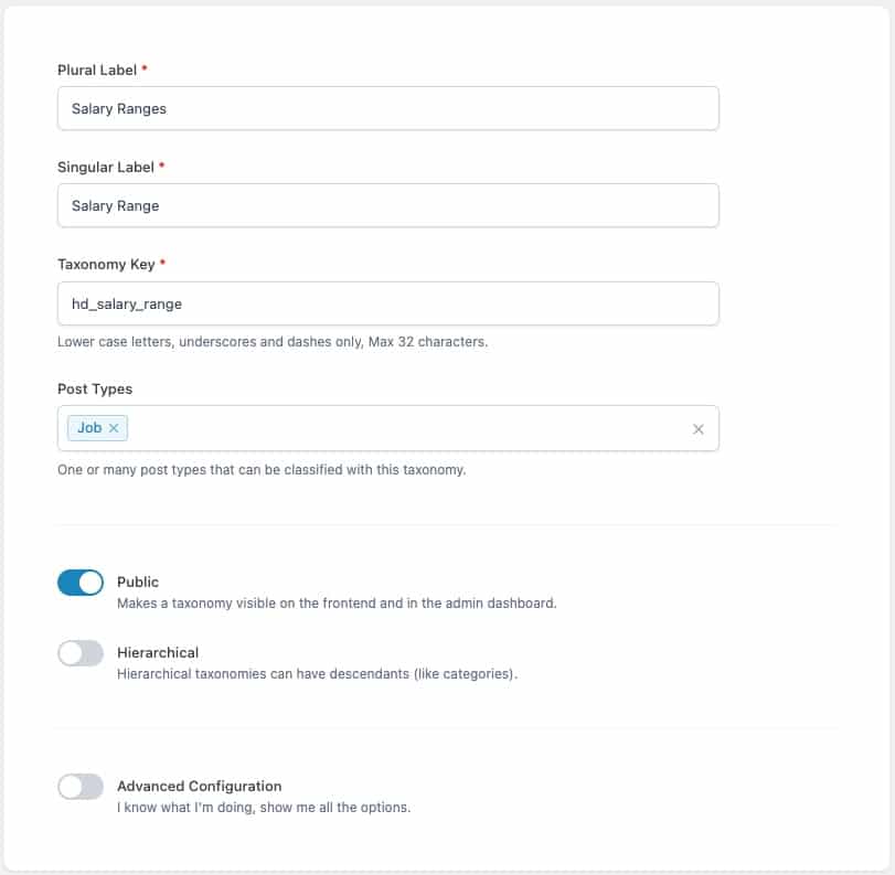 Screenshot of the add taxonomy settings screen in ACF