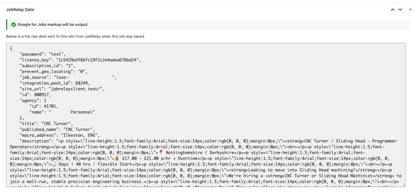 The job post edit screen in WordPress showing a structured data pass.