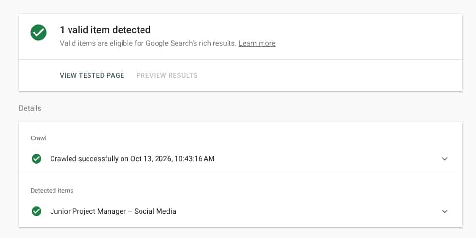 Screenshot of a job passing the structured data test.